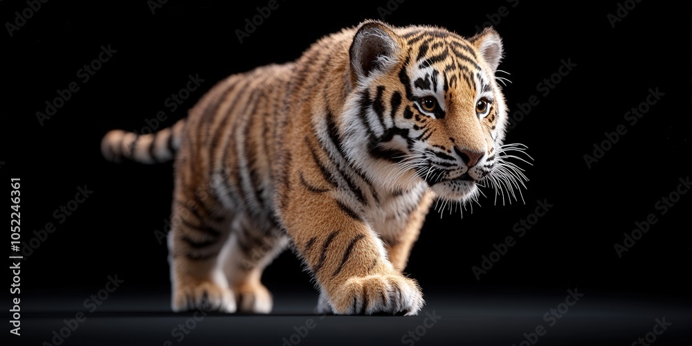 Obraz premium Tiger Cub Walking on Black Background Close Up Portrait Wildlife Photography