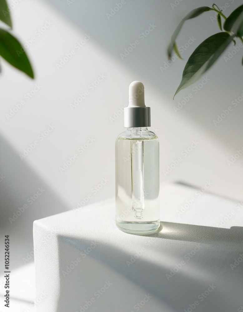 A skincare product photo featuring a serum bottle on a white surface, with soft A skincare product photo featuring a serum bottle on a white surface, with soft