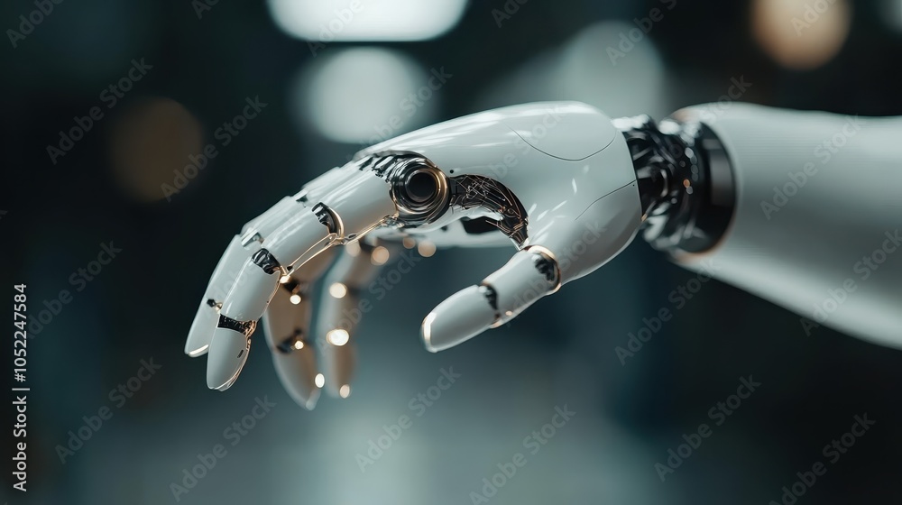 A close-up of a white robotic hand, exquisitely detailed, symbolizing technological advancement and precision in a minimalist and futuristic style. A close-up of a white robotic hand, exquisitely detailed, symbolizing technological advancement and precision in a minimalist and futuristic style.