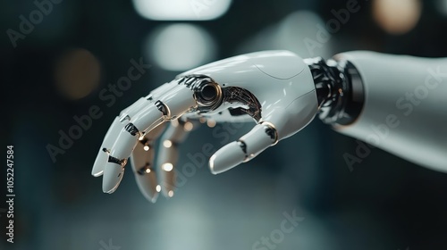 A close-up of a white robotic hand, exquisitely detailed, symbolizing technological advancement and precision in a minimalist and futuristic style.