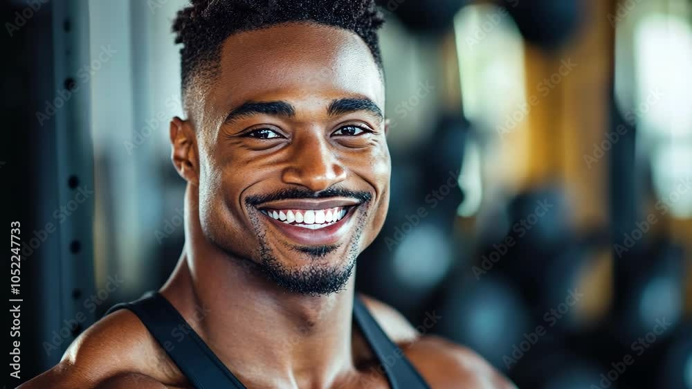 A man with a muscular physique smiles confidently in a gym setting A man with a muscular physique smiles confidently in a gym setting