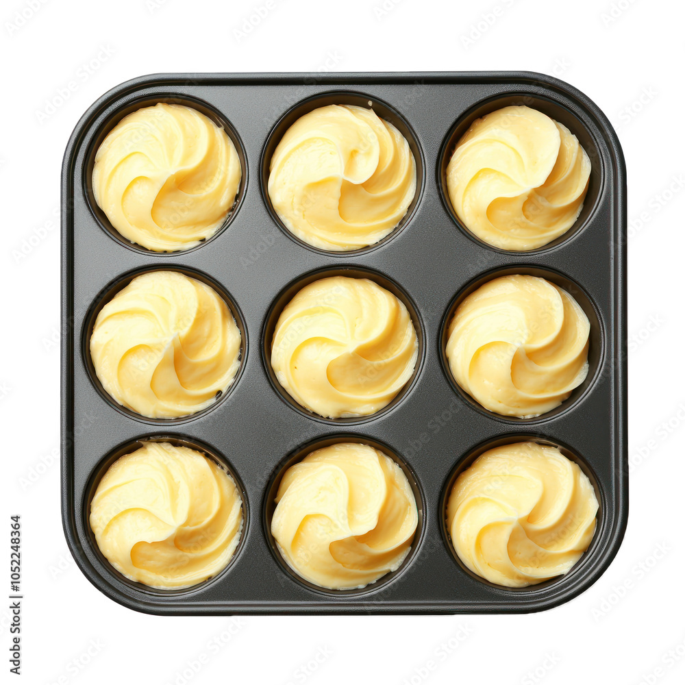 Muffin tin with batter ready to bake. isolated on transparency background Muffin tin with batter ready to bake. isolated on transparency background