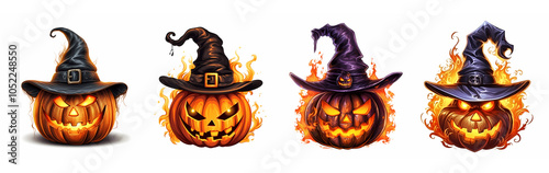 Halloween pumpkin jack-o-lantern head with witch hat vector illustrations collection isolated on white background, Halloween party flyer, banner poster elements