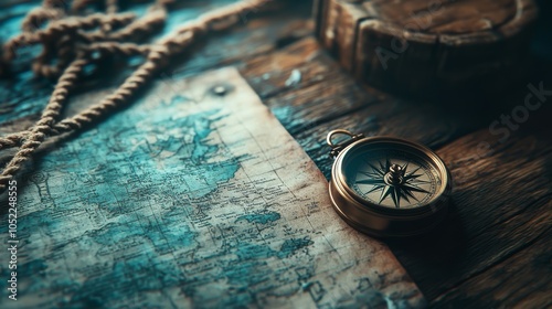 Compass, rope on the treasure map on the table. The concept of sea adventures