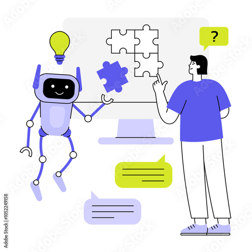 Artificial intelligence helps a human solve a work task. Cute robot gives an idea to a puzzle flat vector illustration. Guy working on computer