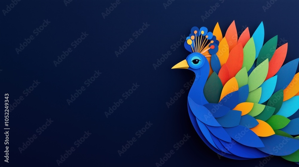 Fototapeta premium A vibrant, colorful paper peacock with intricate patterns, set against a deep blue background, showcasing artistic creativity and design.