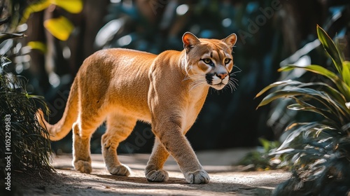 A majestic cougar walks through a lush forest, its golden fur blending with the dappled sunlight. photo