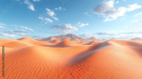 Expansive desert landscape with rolling sand dunes and blue sky.