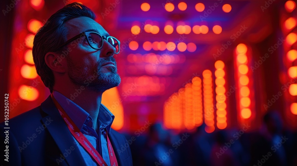 Obraz premium Man in Conference with Vibrant Lighting Background