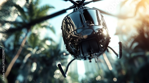 A close-up view of a military helicopter soaring through the air, with sunlight filtering through tropical palm trees below, showcasing flight and agility. photo