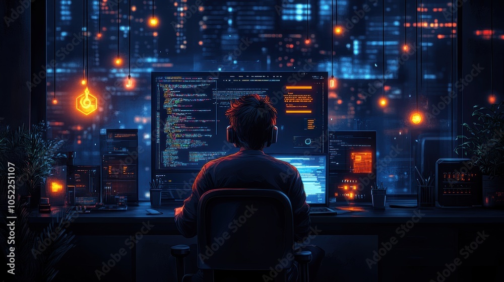 A man is sitting in front of a computer monitor, wearing headphones. Generative AI A man is sitting in front of a computer monitor, wearing headphones. Generative AI