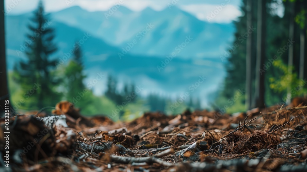 Fototapeta premium A stark image highlighting the grim effects of deforestation with tree stumps and scattered debris under a cloudy sky, signaling environmental distress,