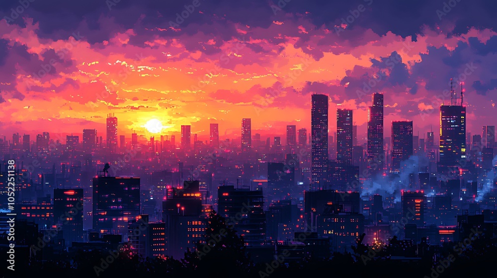 Obraz premium A vibrant sunset over a cityscape with glowing buildings and a lone figure silhouetted on a rooftop.