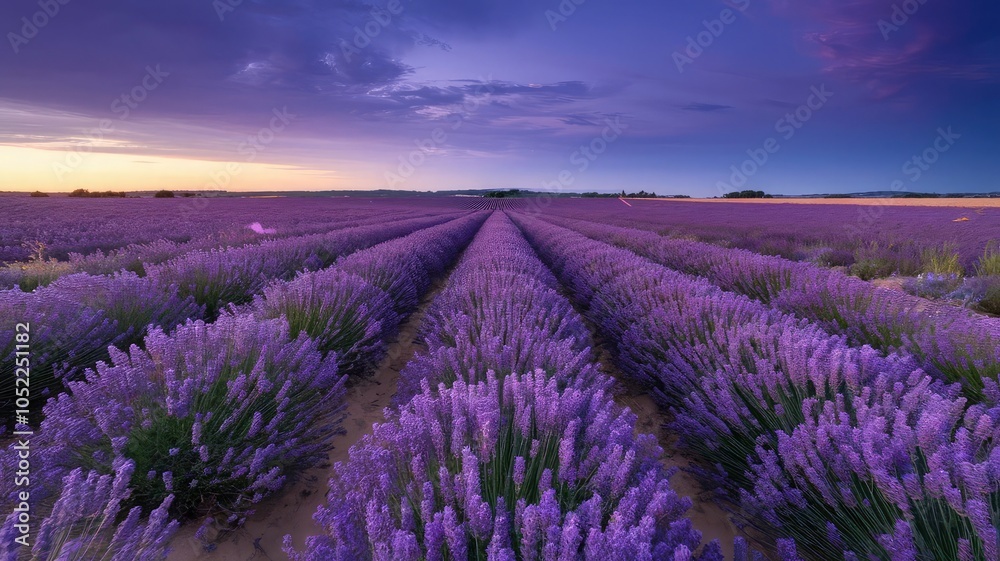 Obraz premium a field of lavender that has a purple sky in the background.
