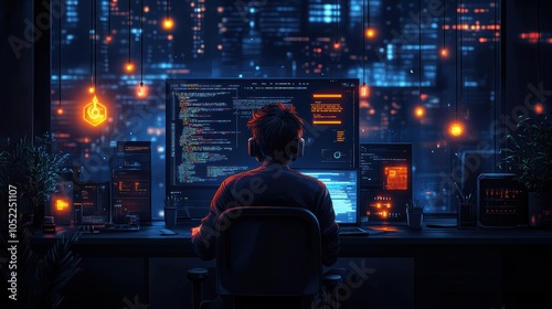 Wallpaper Mural A man is sitting in front of a computer monitor, wearing headphones. Generative AI Torontodigital.ca