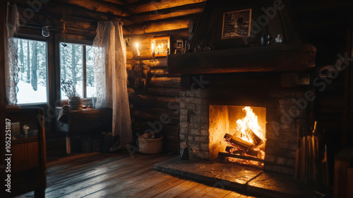 Fireplace in Rustic Cabin 