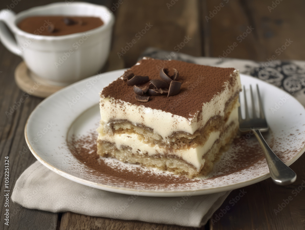 Tiramisu Сake with Coffee cup on wooden table, selective focus Tiramisu Сake with Coffee cup on wooden table, selective focus