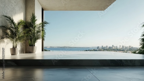 The image showcases a luxurious apartment with large open space, featuring an infinity pool overlooking a cityscape and ocean, embodying elegance and tranquility.