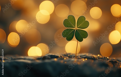 A glistening four-leaf clover, representing good fortune and wealth, set against a background of golden bokeh lights. photo