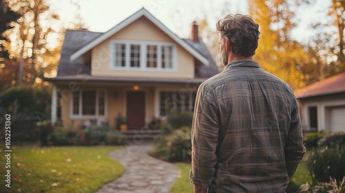 A man stands in front of a yellow house with a brown jacket. Generative AI