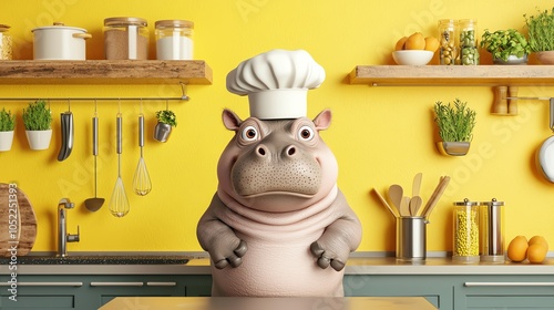 Baby hippo wearing a chefs hat, rolling eyes, 3D illustration in a vibrant kitchen scene, playful details photo