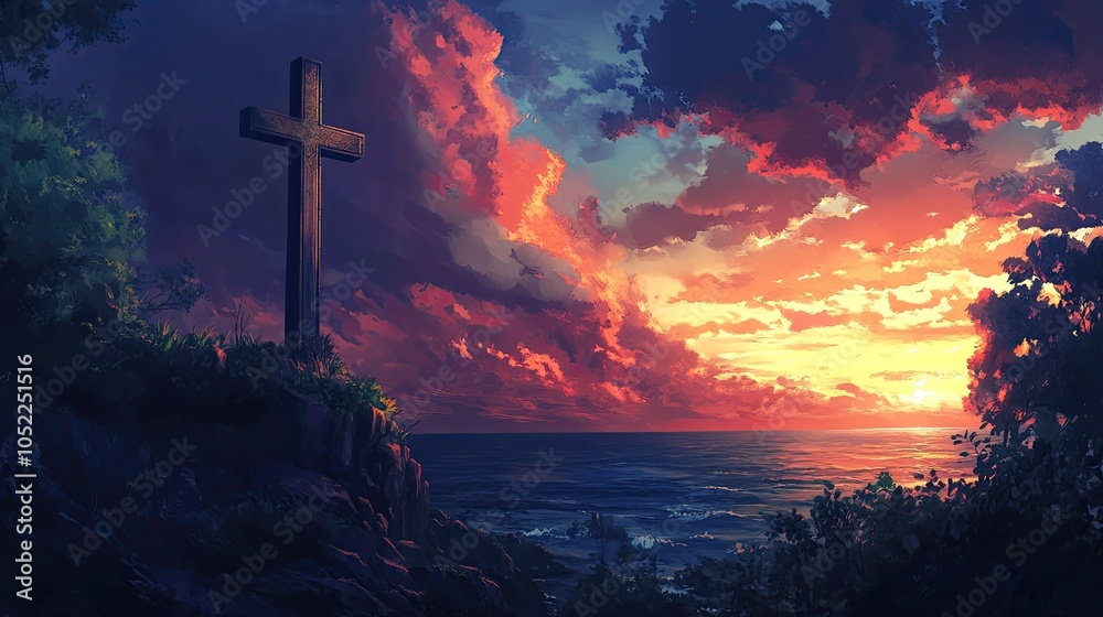Obraz premium A tall cross at the edge of a cliff, overlooking the ocean at sunset, symbolizing the meeting of faith and nature.