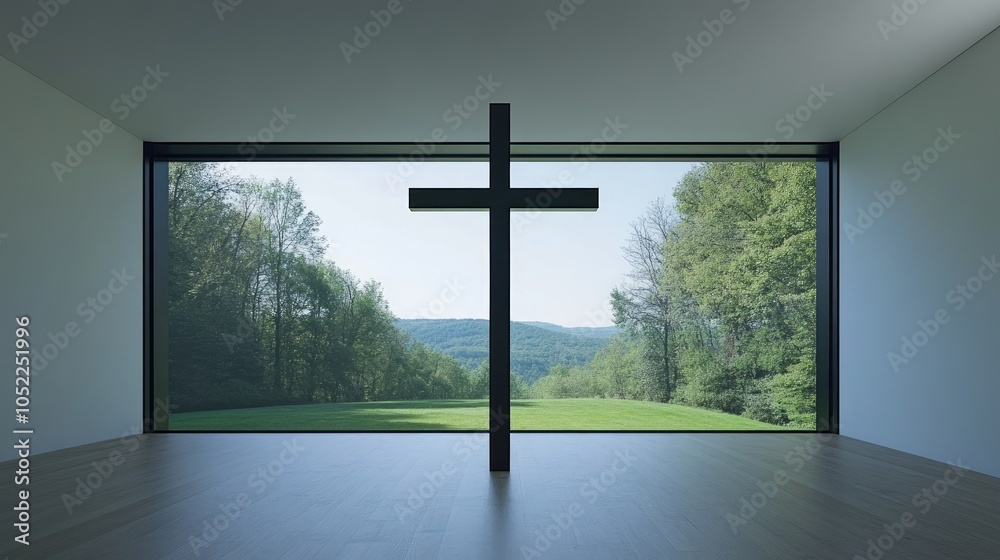 Naklejka premium A towering cross sculpture in a modern art gallery, evoking spiritual contemplation.
