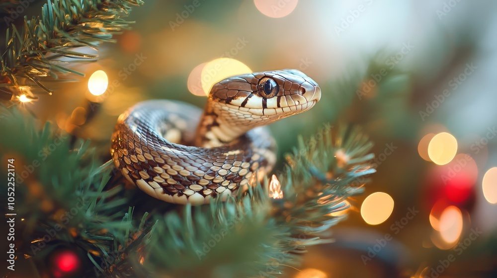 Merry Christmas and Happy New Year. Festive bright beautiful background. A snake Decorated with a Christmas tree on a blurred background Merry Christmas and Happy New Year. Festive bright beautiful background. A snake Decorated with a Christmas tree on a blurred background