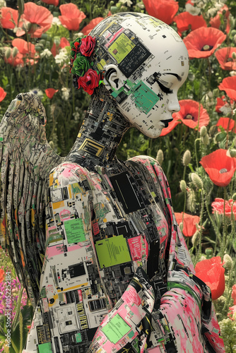 A bald female angel, intricately crafted from circuit boards and wires, stands gracefully atop a collection of computer motherboards amidst a vibrant poppy field. Her skin is adorned with luminous gre photo