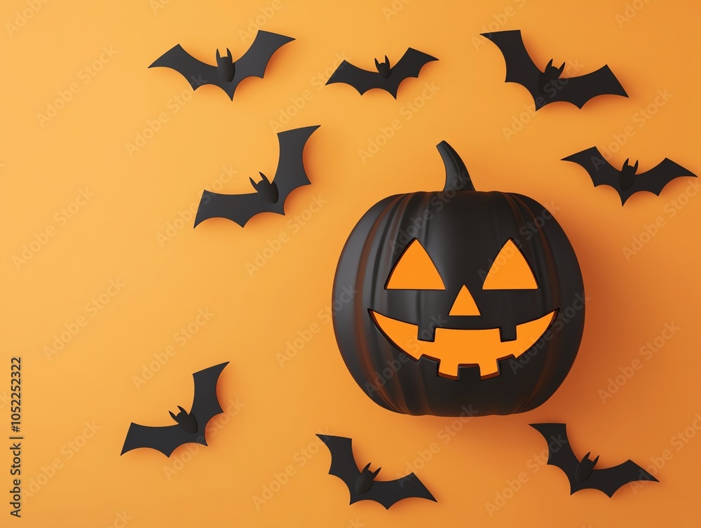 Fototapeta premium Boo with jackolantern face, playful bats flying around, orange background