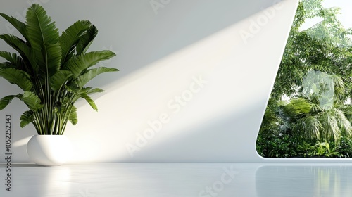 A futuristic room with a uniquely shaped window showcasing a thriving green garden outside, highlighted by a large, vibrant plant within the minimalist interior. photo