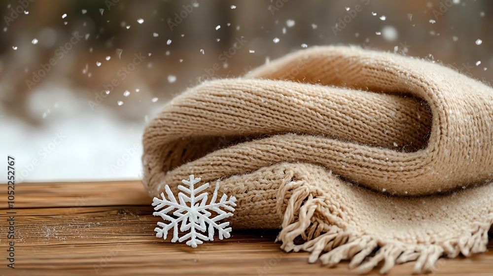 Fototapeta premium Closeup of snowflakes falling on a warm woolen scarf, cozy winter moment