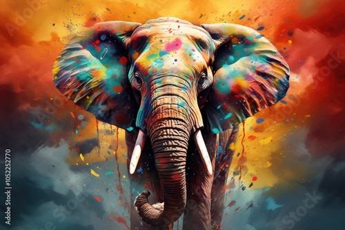 Elephant with colorful powder explosion background. Hindu festival of the colors, Holi Celebration. Wildlife and conservation awareness concept. World Elephant Day photo