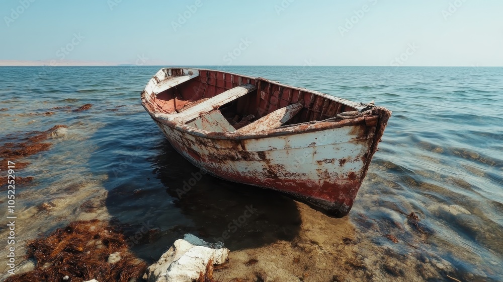 A rusty old boat sits stranded at the water's edge, bathed in soft sunlight, symbolizing a journey halted and the beauty of forgotten things touched by time.