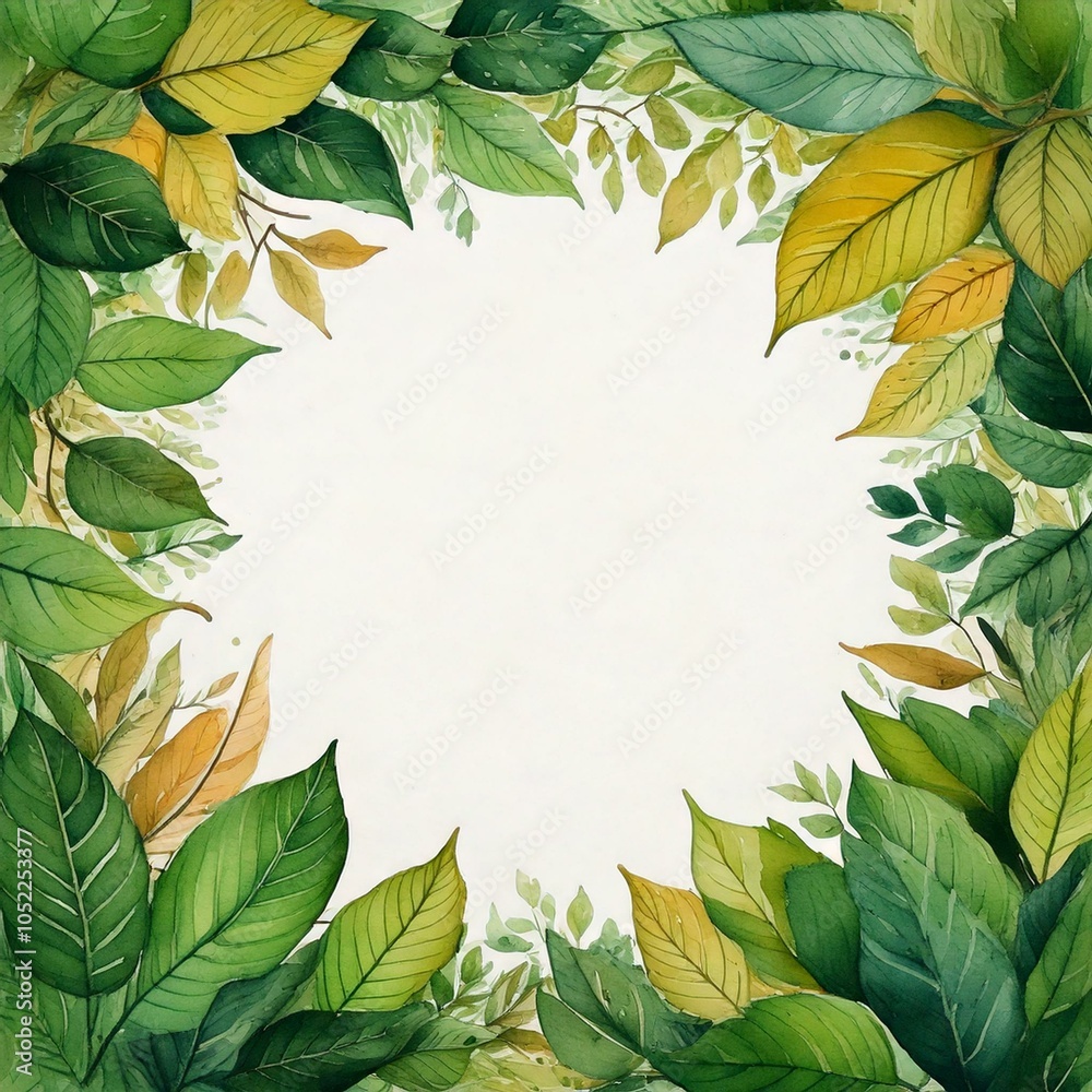 Fototapeta premium watercolor of leaves all around with empty copy space in the middle