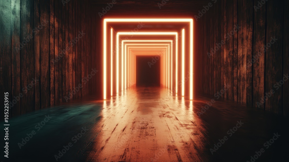 A futuristic corridor featuring glowing neon rectangles creating an infinite tunnel effect with dramatic lighting, offering a mesmerizing geometric perspective. A futuristic corridor featuring glowing neon rectangles creating an infinite tunnel effect with dramatic lighting, offering a mesmerizing geometric perspective.