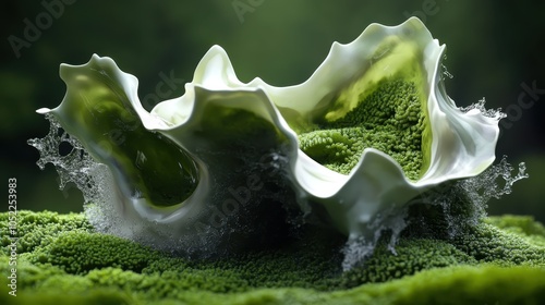 This vibrant image features a dynamic interplay of green moss-like texture and flowing liquid shapes, creating an abstract representation of nature's fluidity and lushness. photo