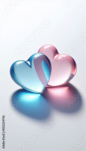 Two transparent hearts, one blue and one pink, glow with soft reflections