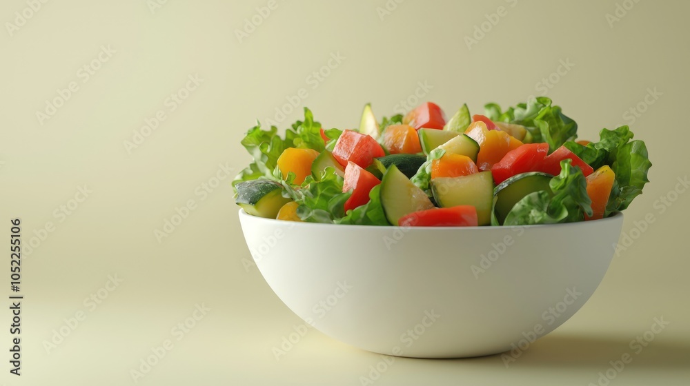 A vibrant salad in a white bowl, featuring fresh greens and colorful diced vegetables, set against a soft, neutral background. A vibrant salad in a white bowl, featuring fresh greens and colorful diced vegetables, set against a soft, neutral background.