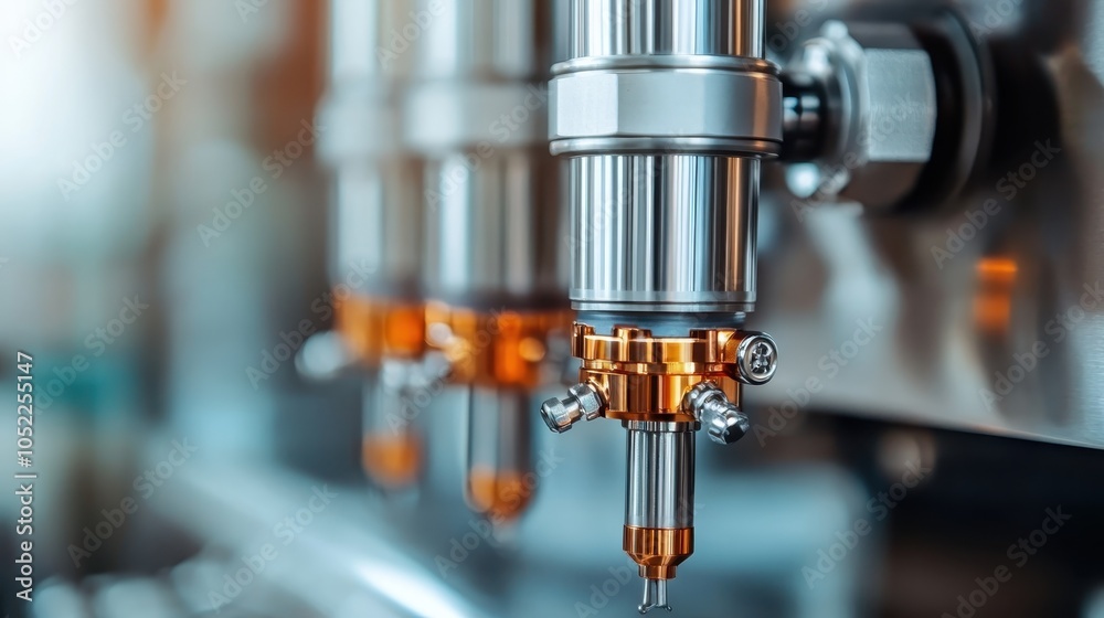 A detailed close-up shows precision nozzles in a machinery assembly, highlighting the modern technological advances and intricate engineering behind manufacturing.