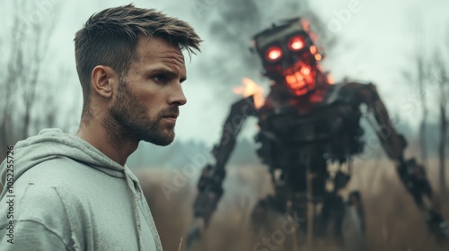 A man stands bravely against a menacing fiery robot amidst a desolate wilderness, conveying themes of confrontation, courage, and survival in a dystopian setting. photo