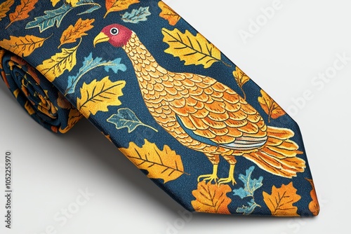 Fun turkey print tie with fall foliage accents, bright and playful Thanksgiving design photo