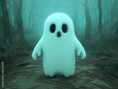 Ghostly Boo in mist, cobwebbed corners, haunted forest photo