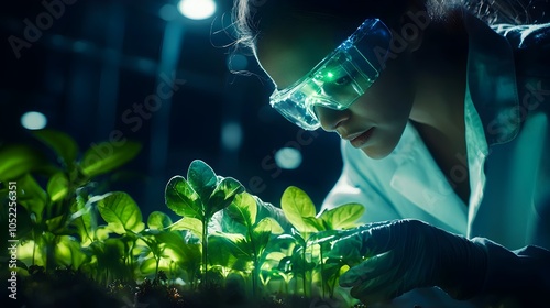 Scientist Utilizing Gene Editing to Create Sustainable Bio luminescent Plants for Natural Lighting photo