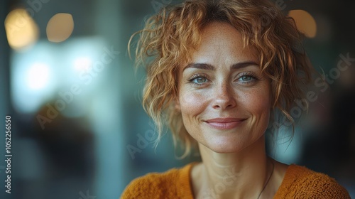 middle-aged business lady participating in a lively meeting, sharing laughter and ideas with colleagues, conveying a sense of optimism and teamwork in a bright, modern office environment