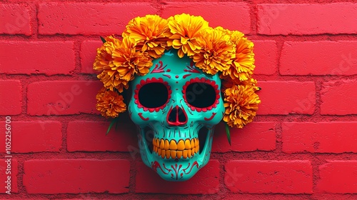 Glowing sugar skull with neon marigolds, radiant yellow and red, festive Day of the Dead photo