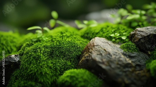 Vibrant green moss blankets damp rocks in a tranquil forest setting, showcasing nature's intricate beauty and rich textures photo