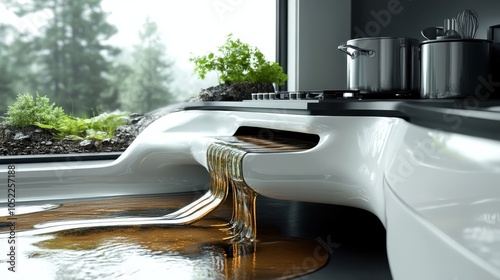 An avant-garde kitchen displaying a unique water flow design element, combining modern technology with nature-inspired aesthetics for a cutting-edge cooking space. photo