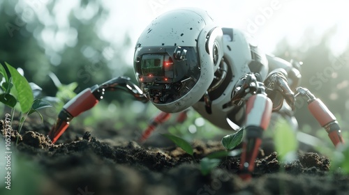 A small, advanced robot resembling a spider is seen carefully attending to young plants in a lush, green garden, showcasing the future of technology in agriculture.