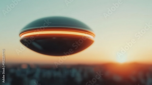 A sleek UFO with glowing lights hovers above a cityscape during sunset, embodying futuristic themes and the intersection of technology and nature. photo